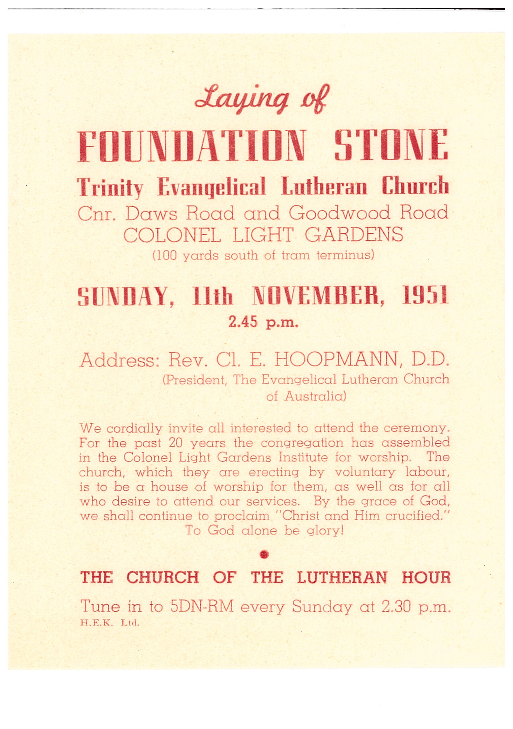 Invitation to Colonel Light Gardens foundation stone laying