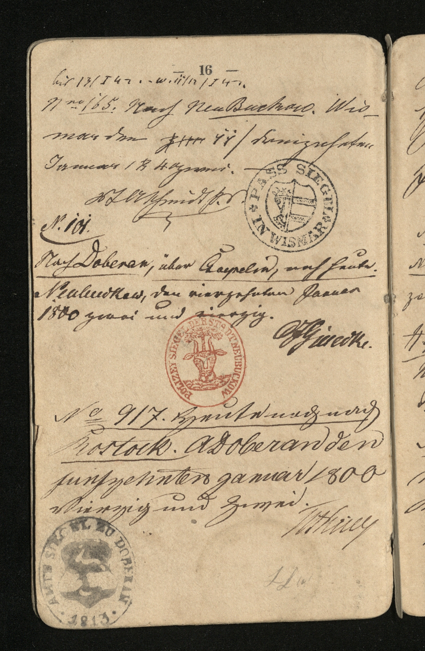 Typical Wanderbuch page with stamped town seals and handwritten travel permits (p16 Busch's Wanderbuch)