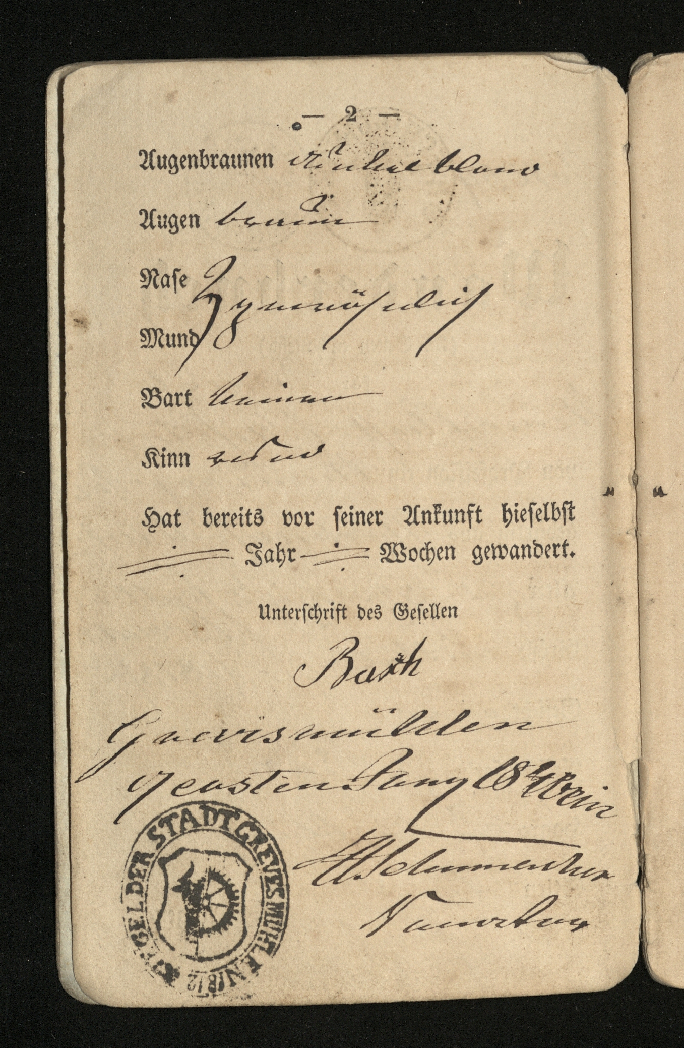 The second page of Busch's passport - signed off in Grevesmuehlen, 1841
