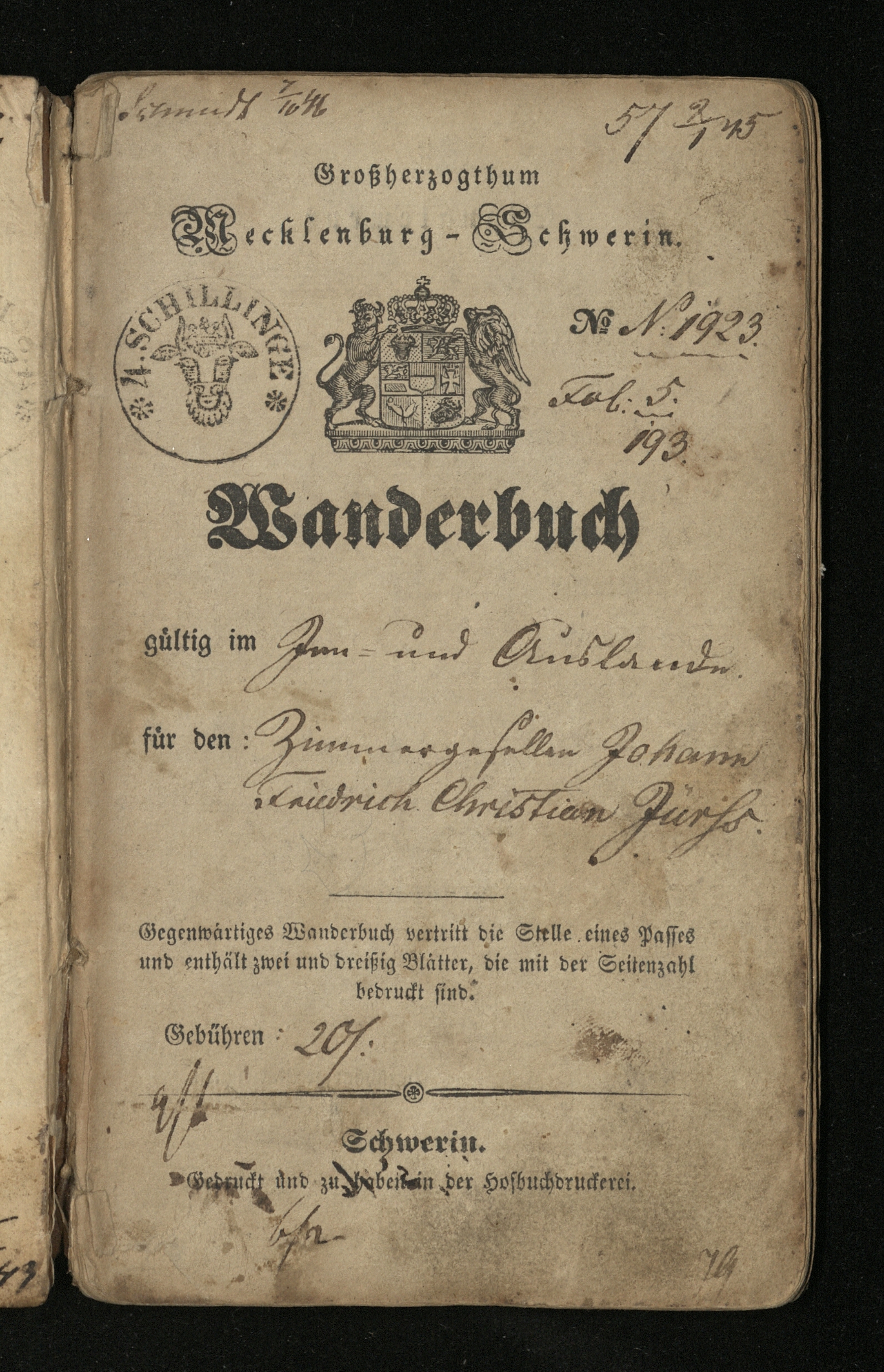 Title page of Juers' Wanderbuch - printed in the Grand Duchy of Mecklenburg-Schwerin.