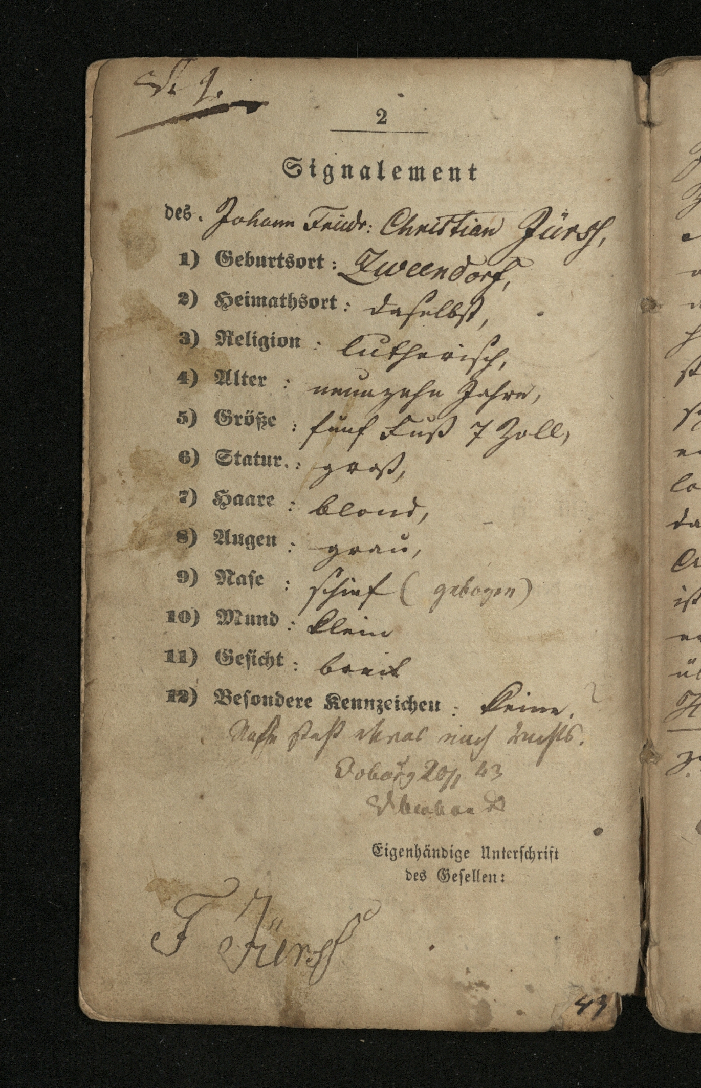 A full physical description of Juers at the time he undertook his Wanderschaft