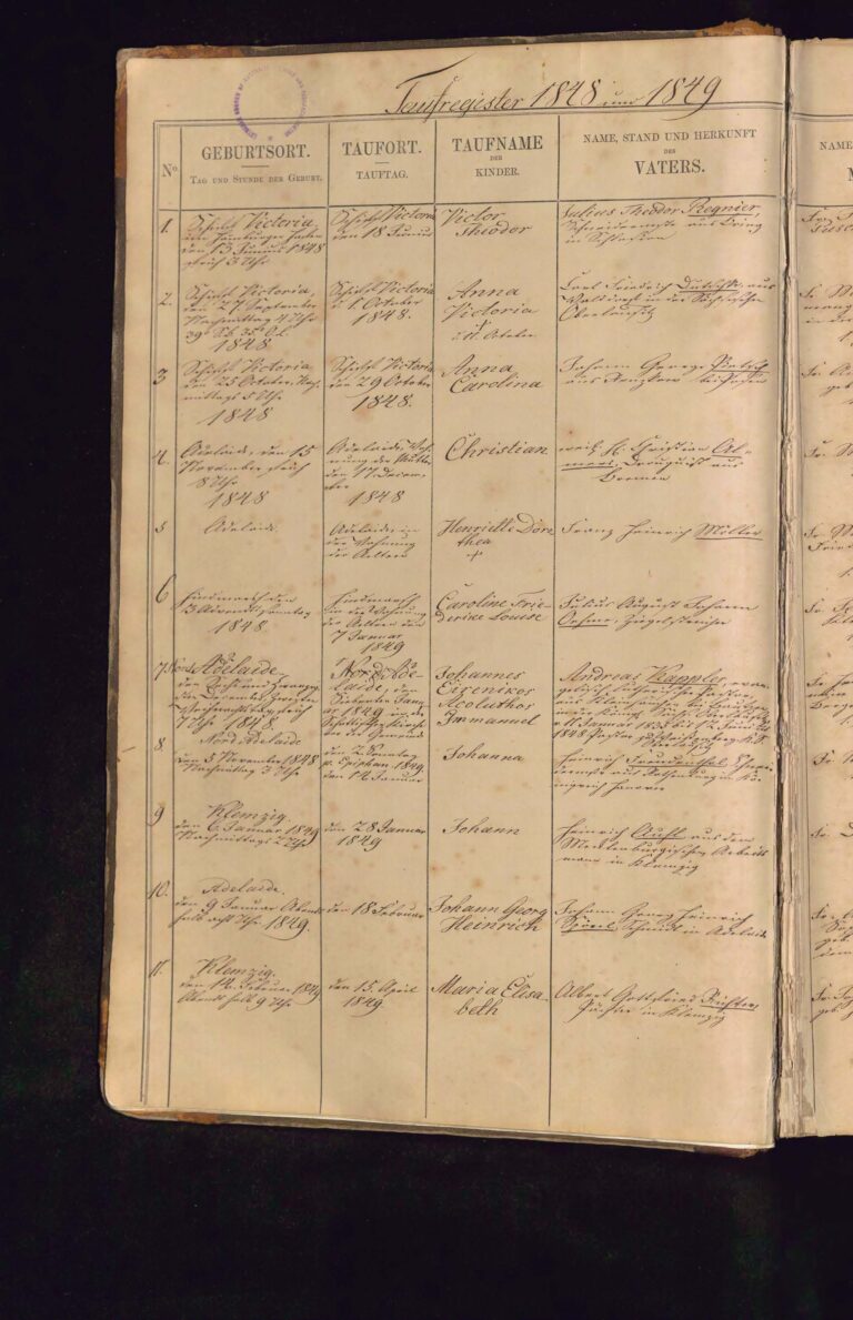 Page from Pastor Andreas Kappler's baptism register (1849)