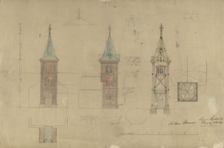 Plans for bell tower at Strait Gate Church, Light Pass (1887)