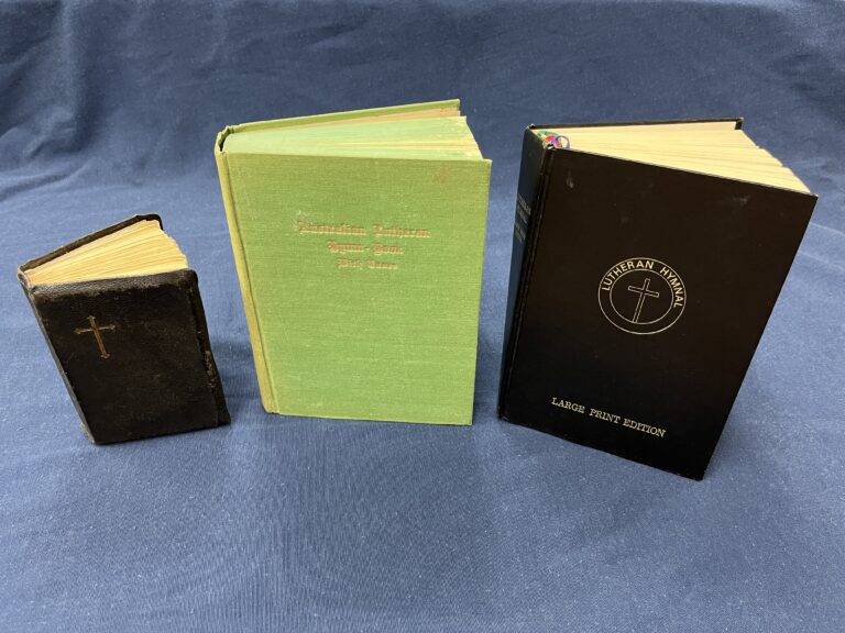 Australian Lutheran Hymnbook (1925) [LA Hymnbook 591 (2)]; Australian Lutheran Hymnbook with Tunes (1950) [LA Hymnbook 660(3)]; Lutheran Hymnal - Large Print (1979) [LA Hymnbook 604a]