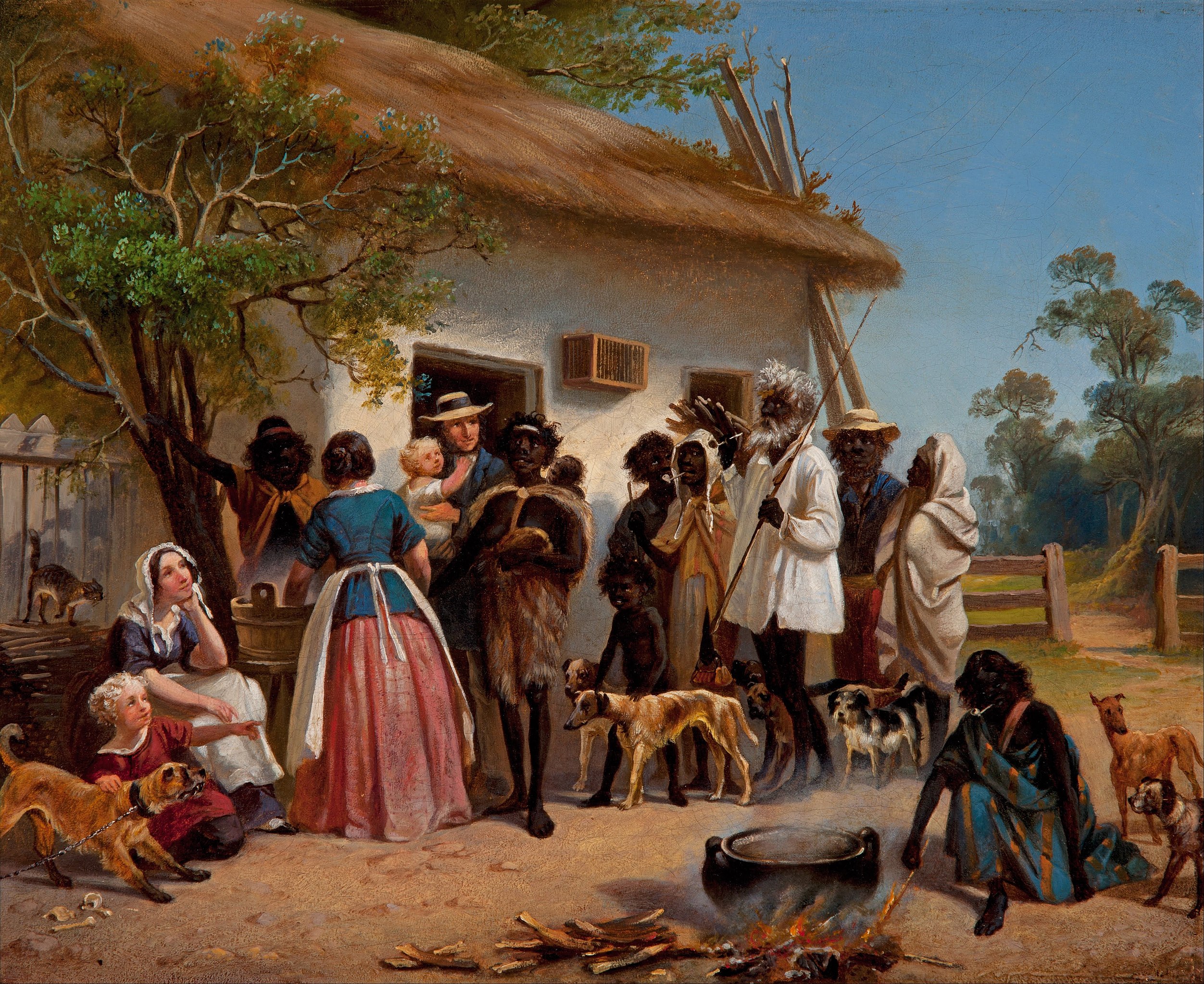 A group of Indigenous Australians at the door of a 19th century German colonist in South Australia